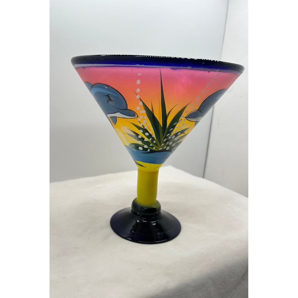 Hand Painted Dolphin Sunset Margarita Glass Cobalt Blue Rim Tropical Barware